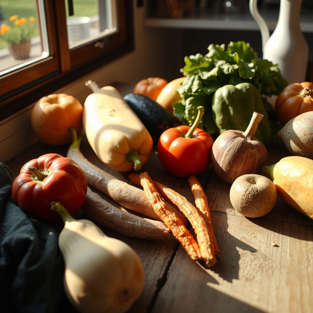 Fresh produce on wooden table